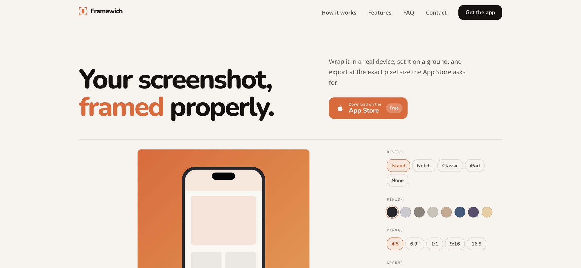 The framewich.com homepage, with an interactive device preview